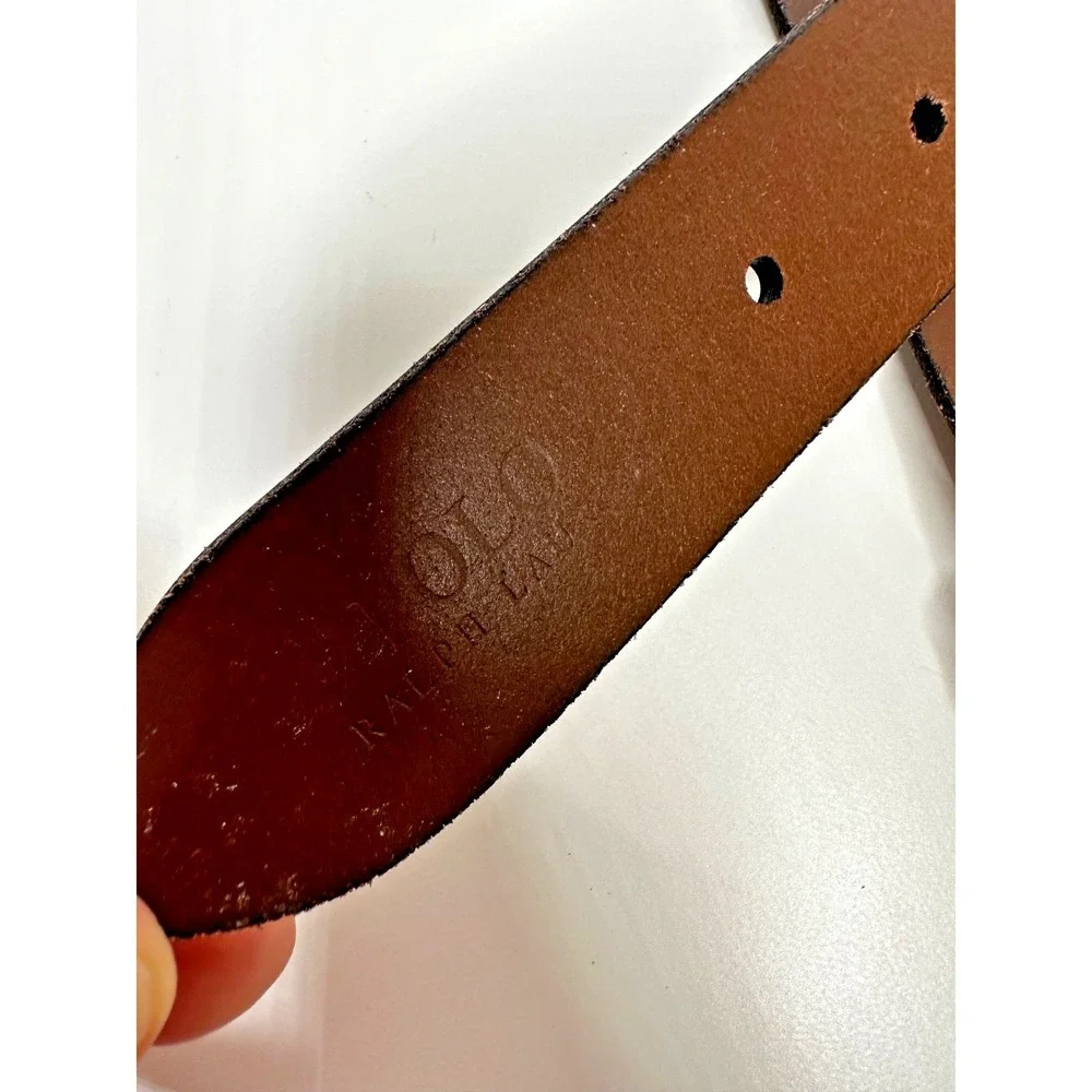 Polo Ralph Lauren Belt Sz 36 Blue White Striped Brown Leather Horse Preppy
